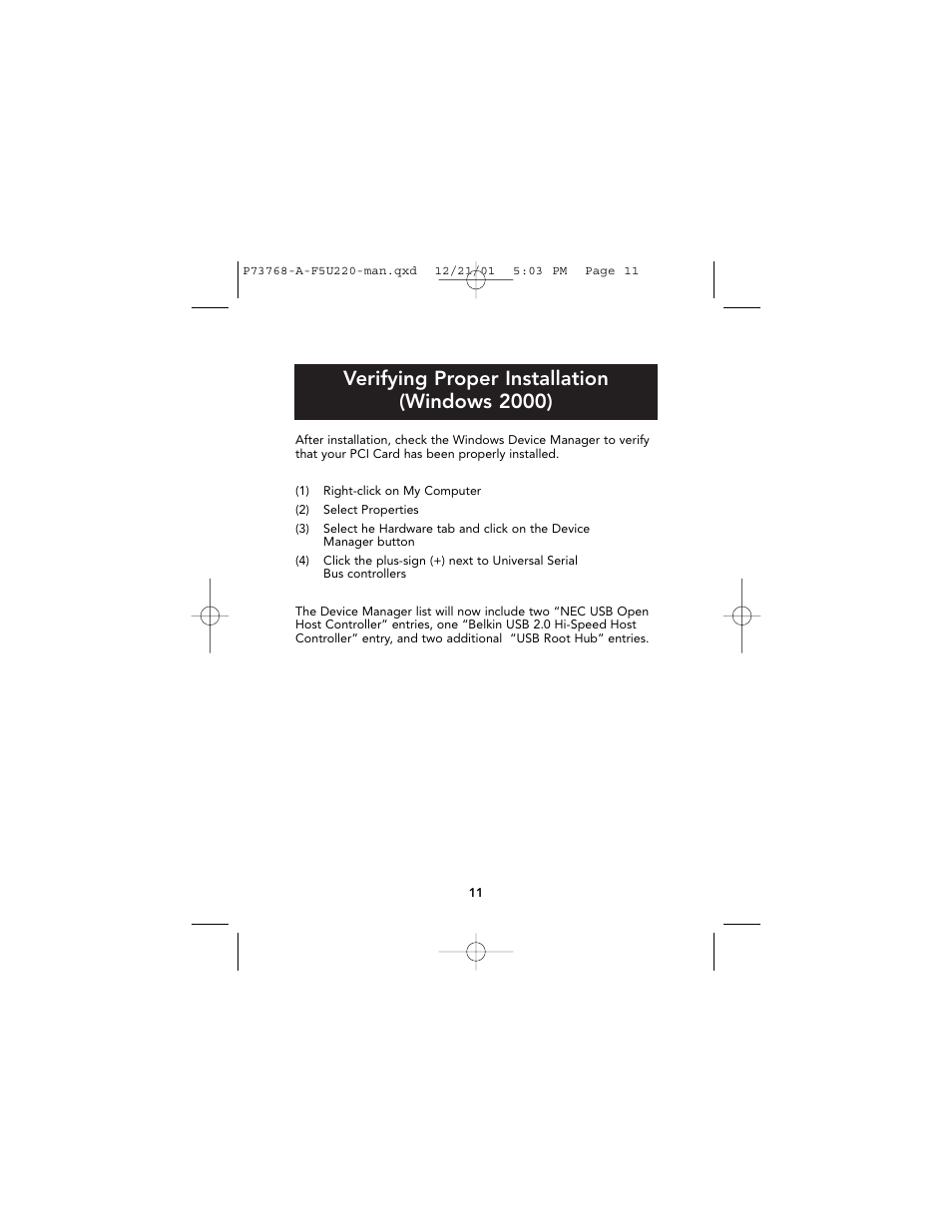 Verifying proper installation (windows 2000) | Belkin P73768-A User Manual | Page 13 / 19