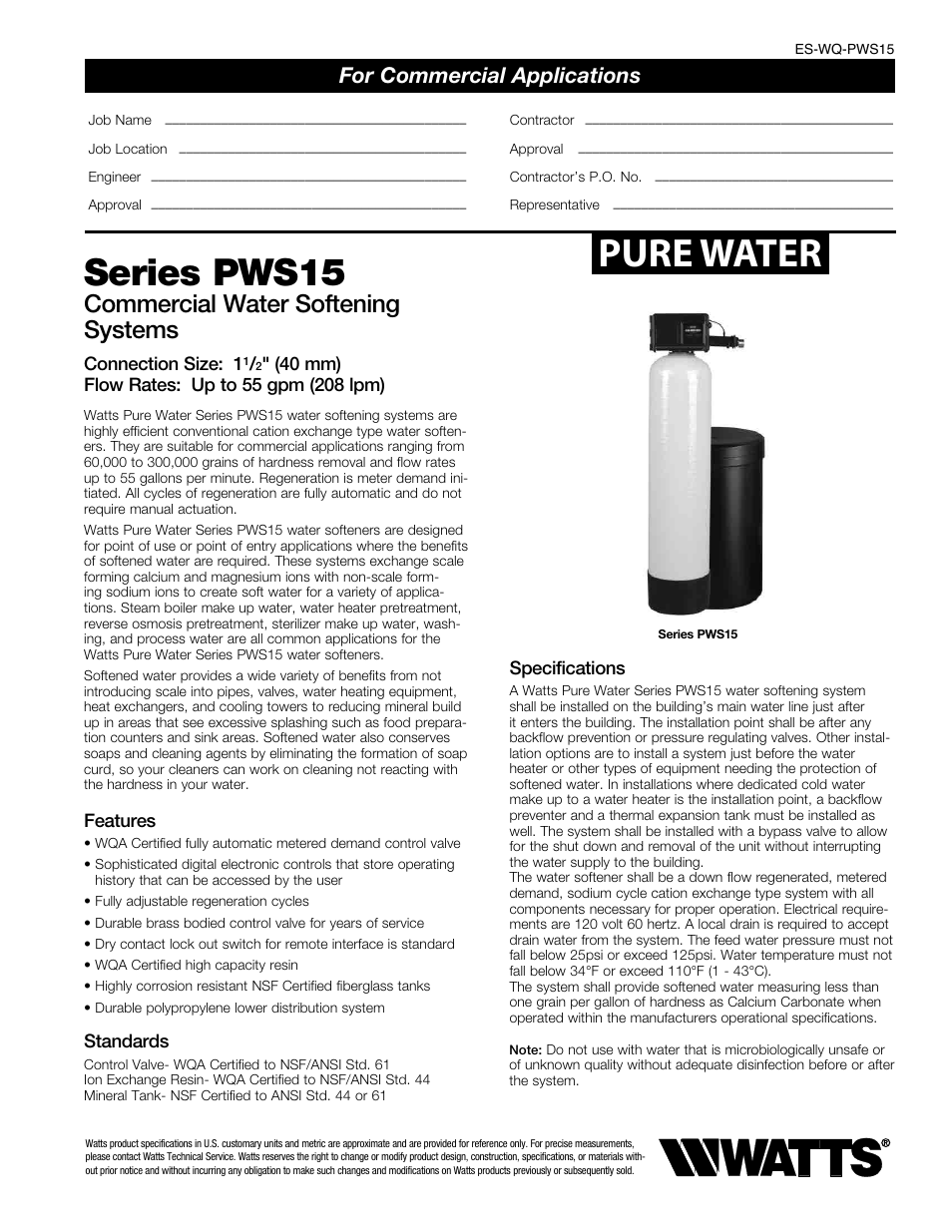 Watts PWS15 (3-10CUFT) User Manual | 2 pages