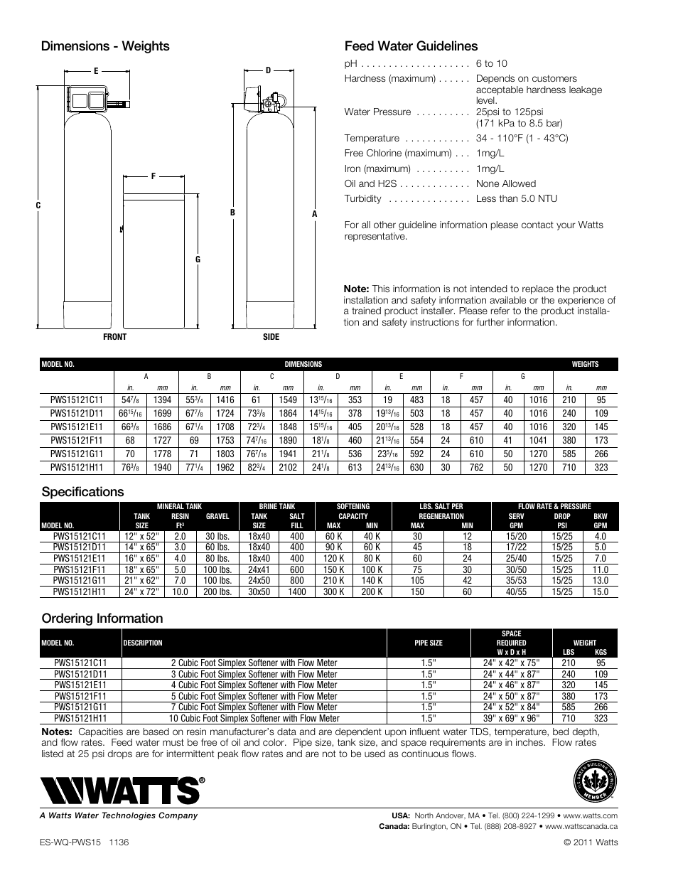 Dimensions - weights feed water guidelines, Specifications, Ordering information | Watts PWS15 (3-10CUFT) User Manual | Page 2 / 2