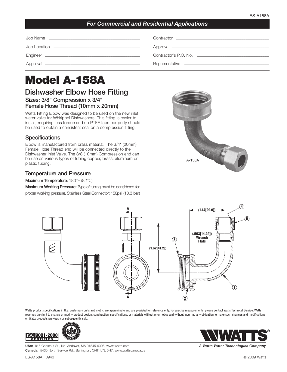 Watts A-158A User Manual | 1 page