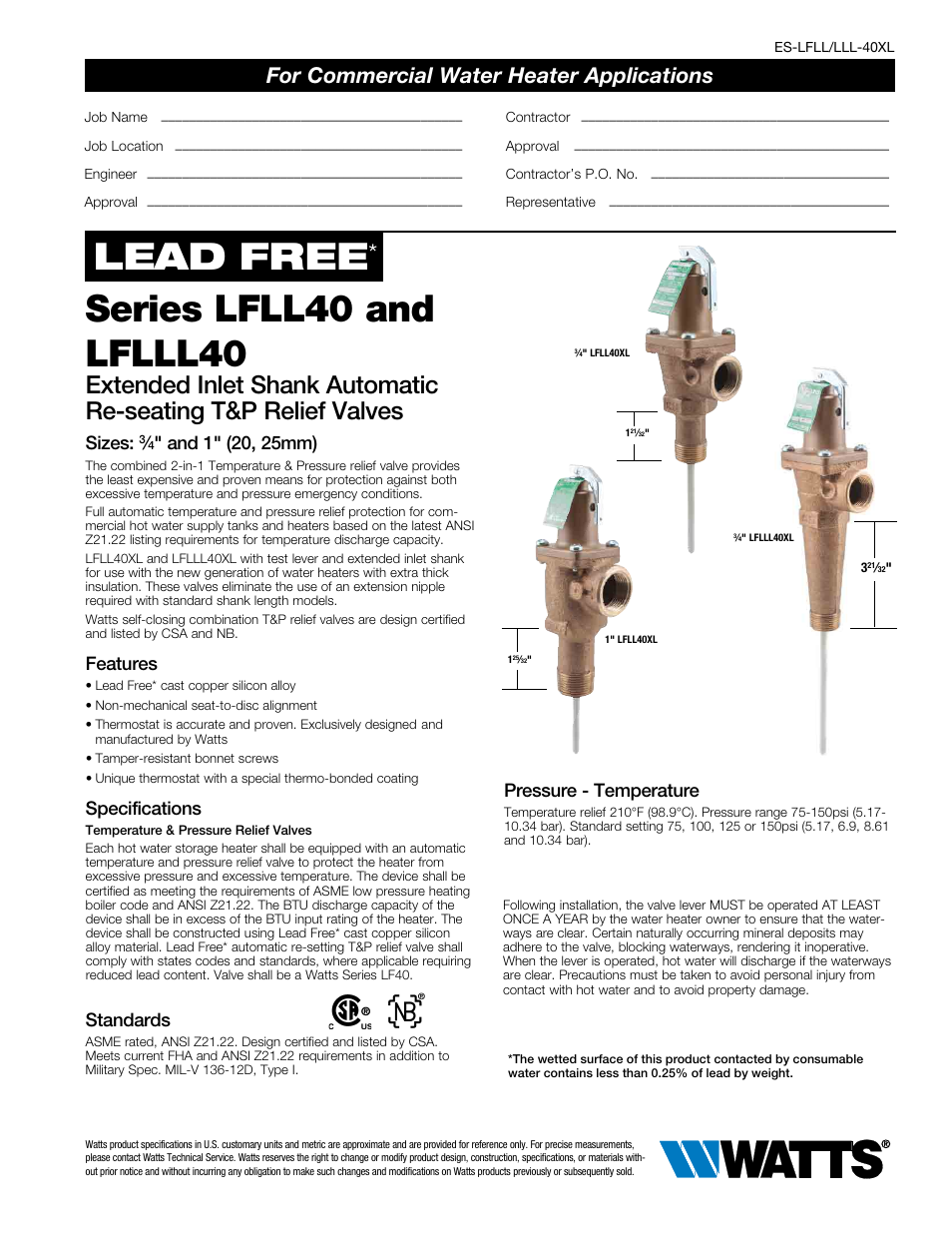 Watts LFLLL40XL User Manual | 2 pages