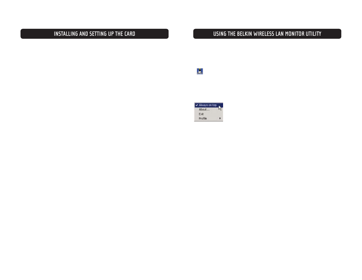 Installing and setting up the card, Using the belkin wireless lan monitor utility | Belkin F5D6020 User Manual | Page 6 / 15