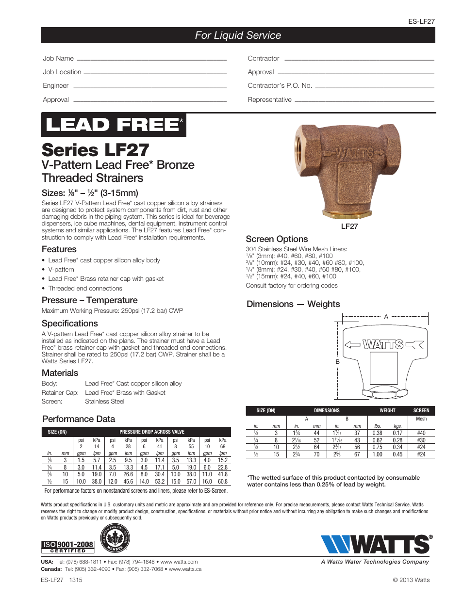 Watts LF27 User Manual | 1 page