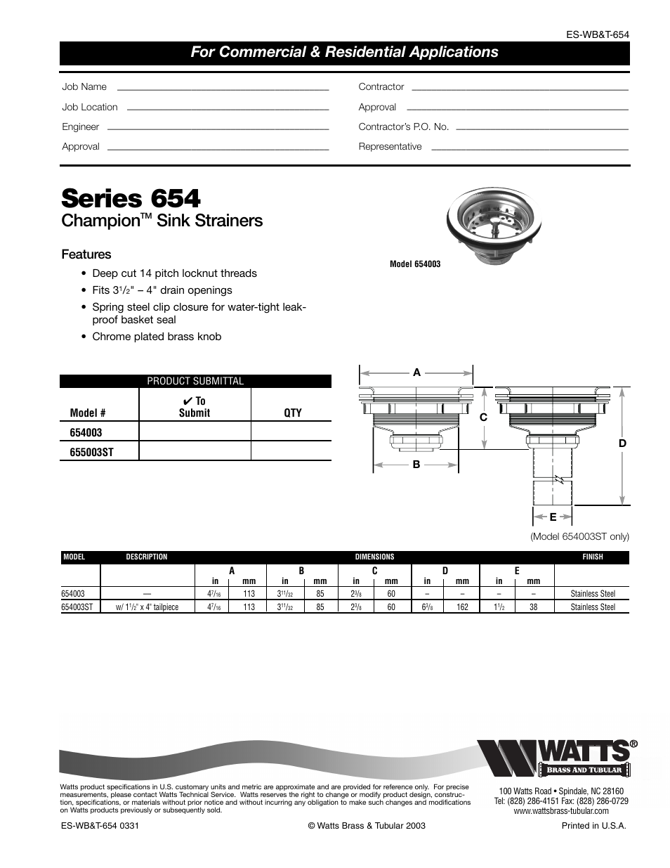 Watts 654 User Manual | 1 page