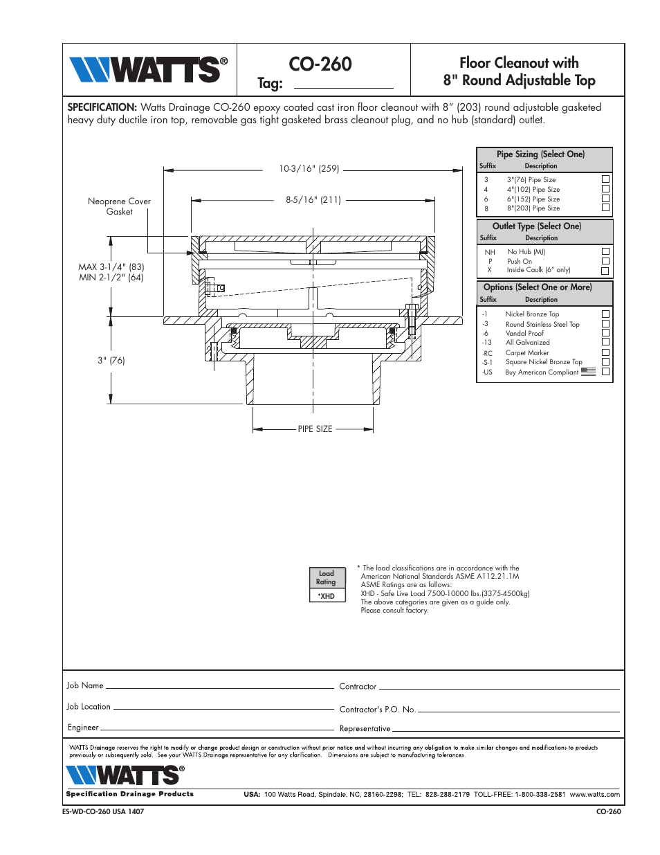 Watts CO-260 User Manual | 1 page