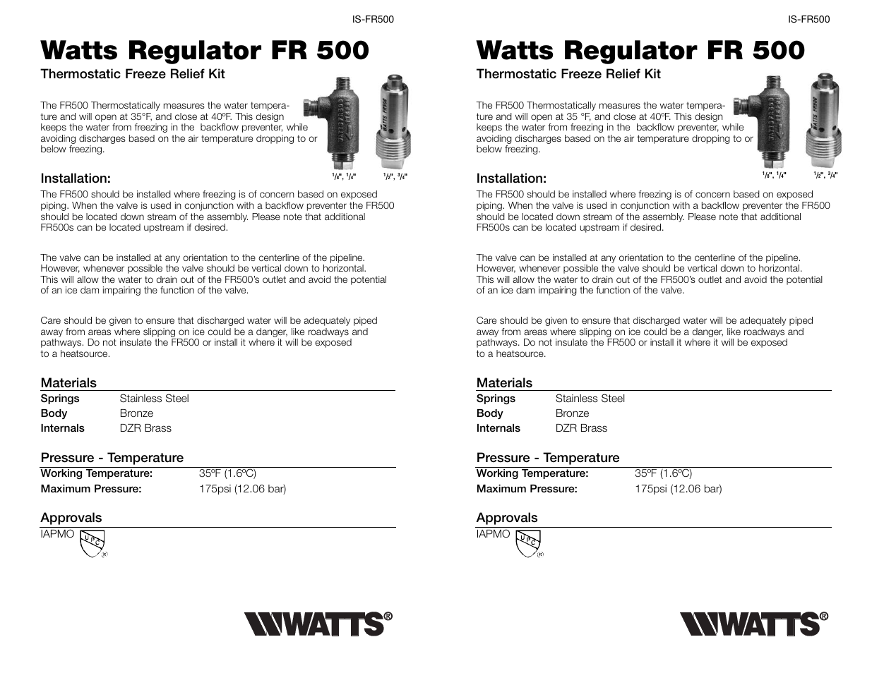 Watts FR 500 User Manual | 2 pages