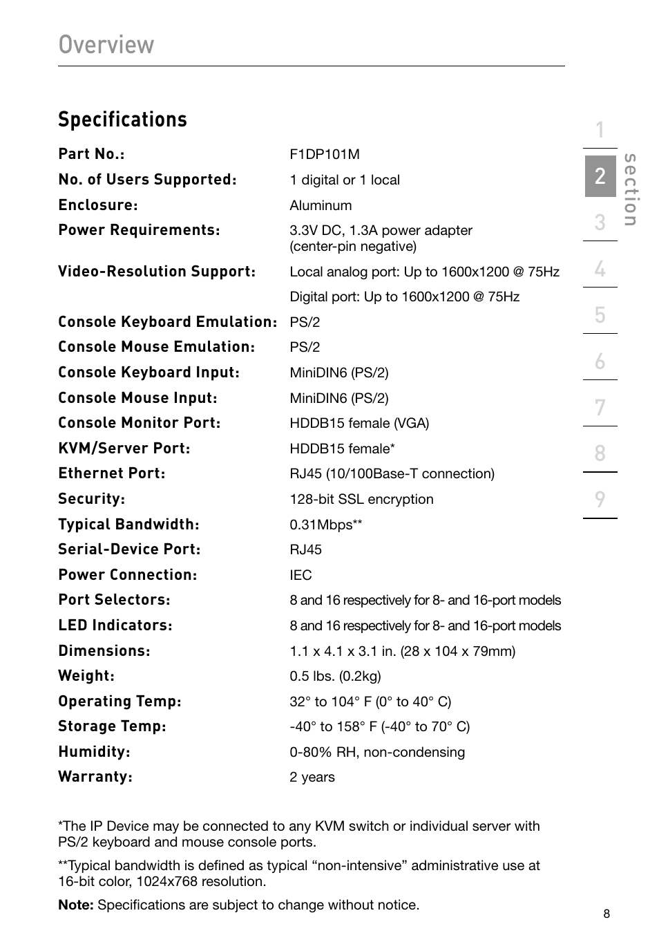 Overview, Specifications, Se ct io n | Belkin F1DP101M User Manual | Page 11 / 56