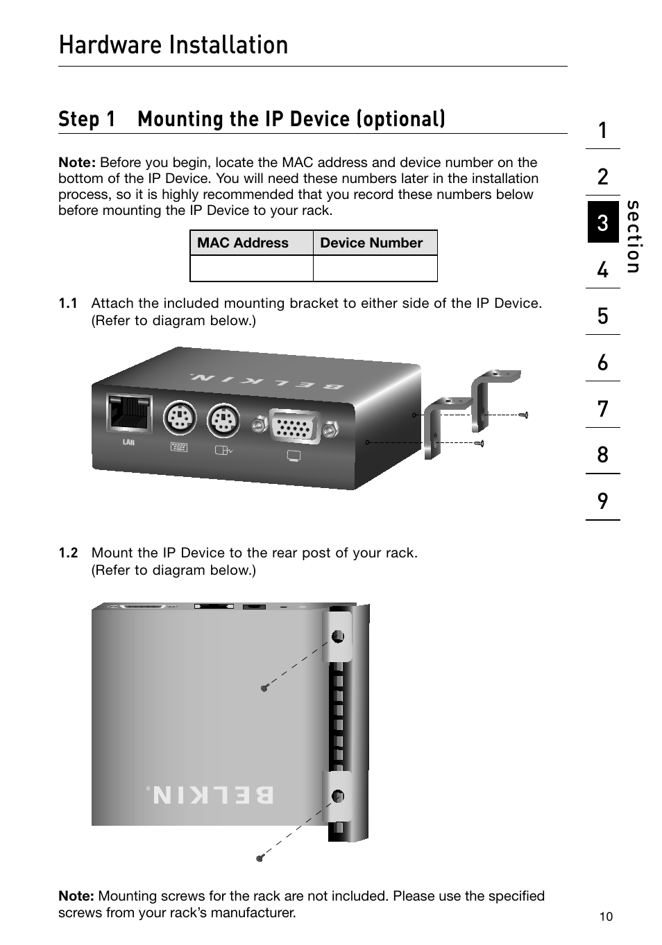 Hardware installation, Step 1 mounting the ip device (optional), Se ct io n | Belkin F1DP101M User Manual | Page 13 / 56