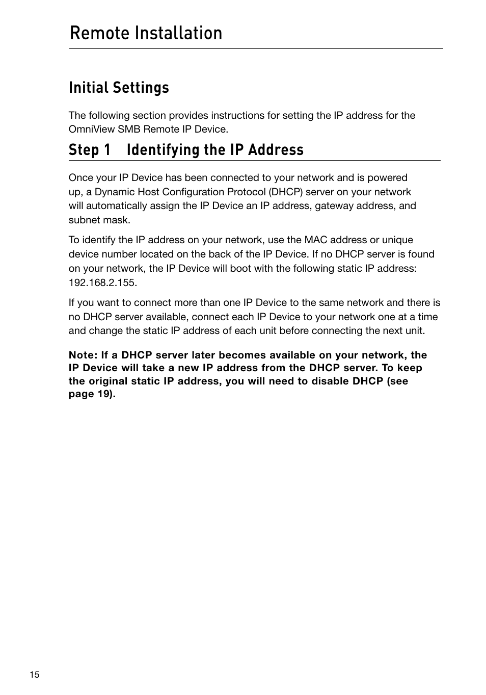 Remote installation, Initial settings, Step 1 identifying the ip address | Belkin F1DP101M User Manual | Page 18 / 56