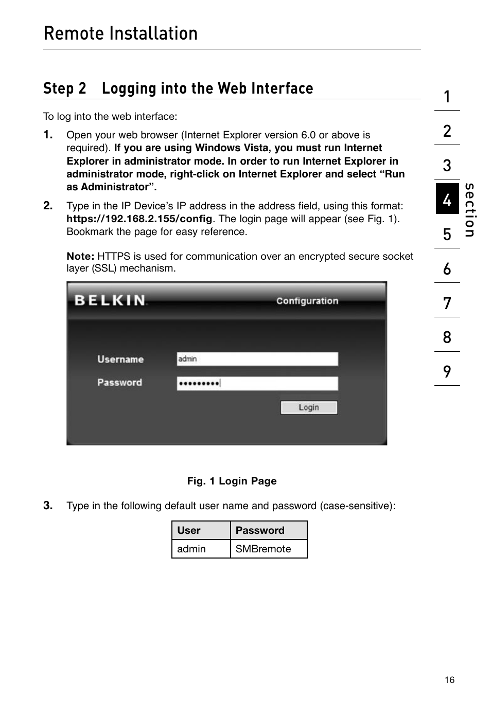 Remote installation, Step 2 logging into the web interface, Se ct io n | Belkin F1DP101M User Manual | Page 19 / 56