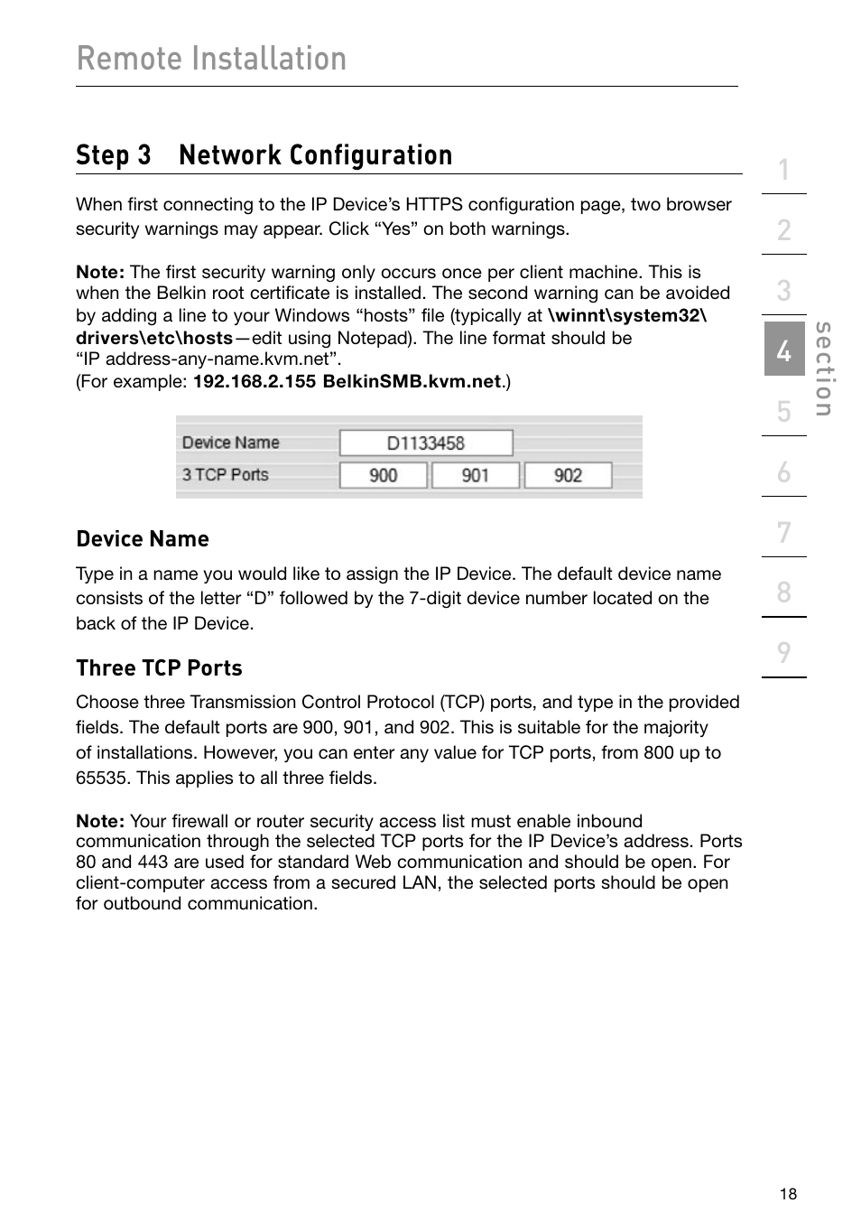 Remote installation, Step 3 network configuration, Se ct io n | Belkin F1DP101M User Manual | Page 21 / 56