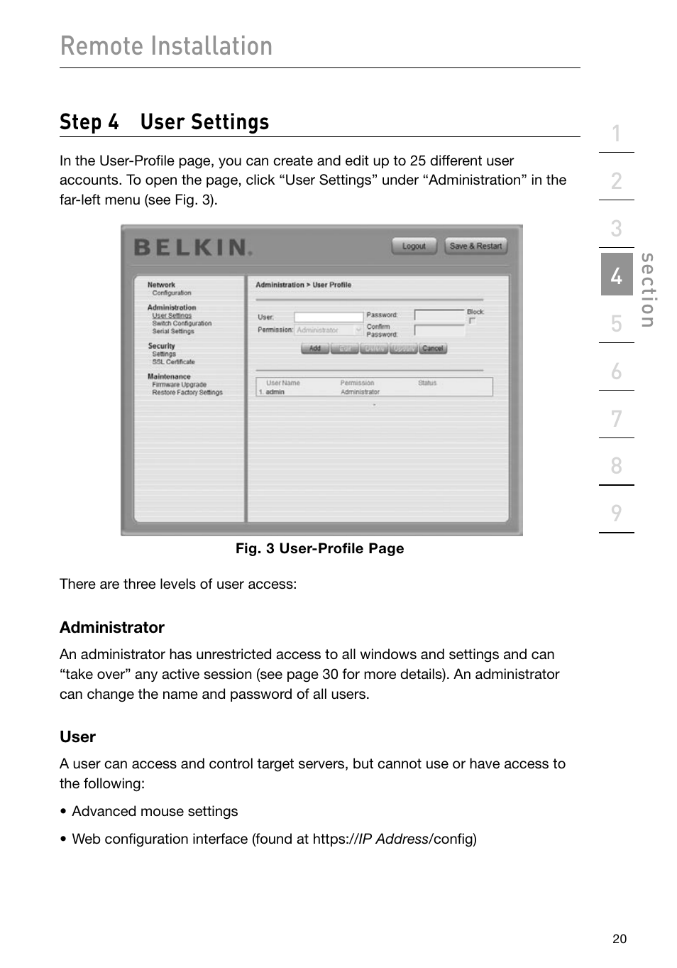 Remote installation, Step 4 user settings | Belkin F1DP101M User Manual | Page 23 / 56