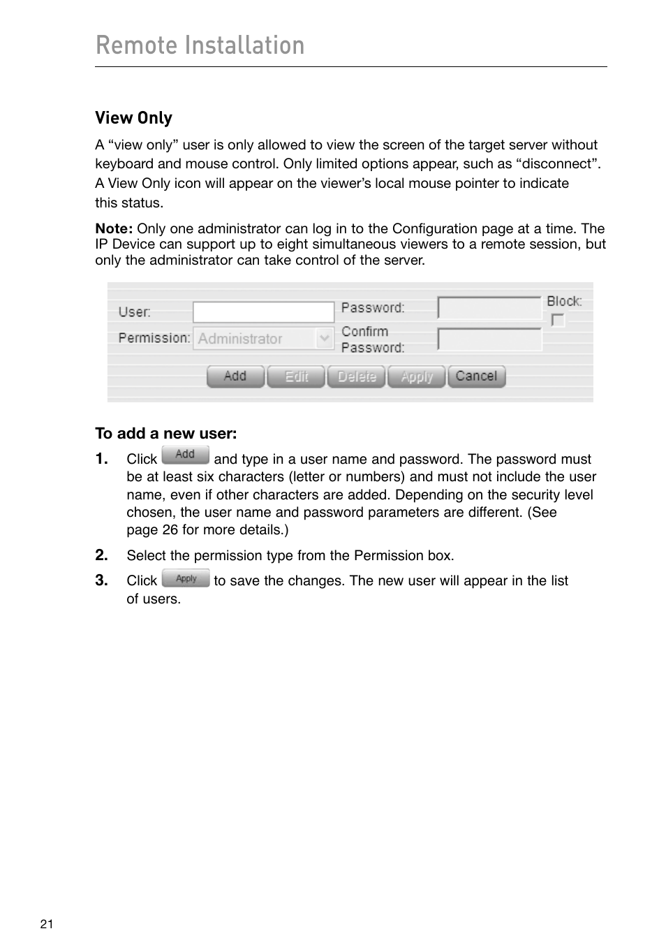 Remote installation, View only | Belkin F1DP101M User Manual | Page 24 / 56