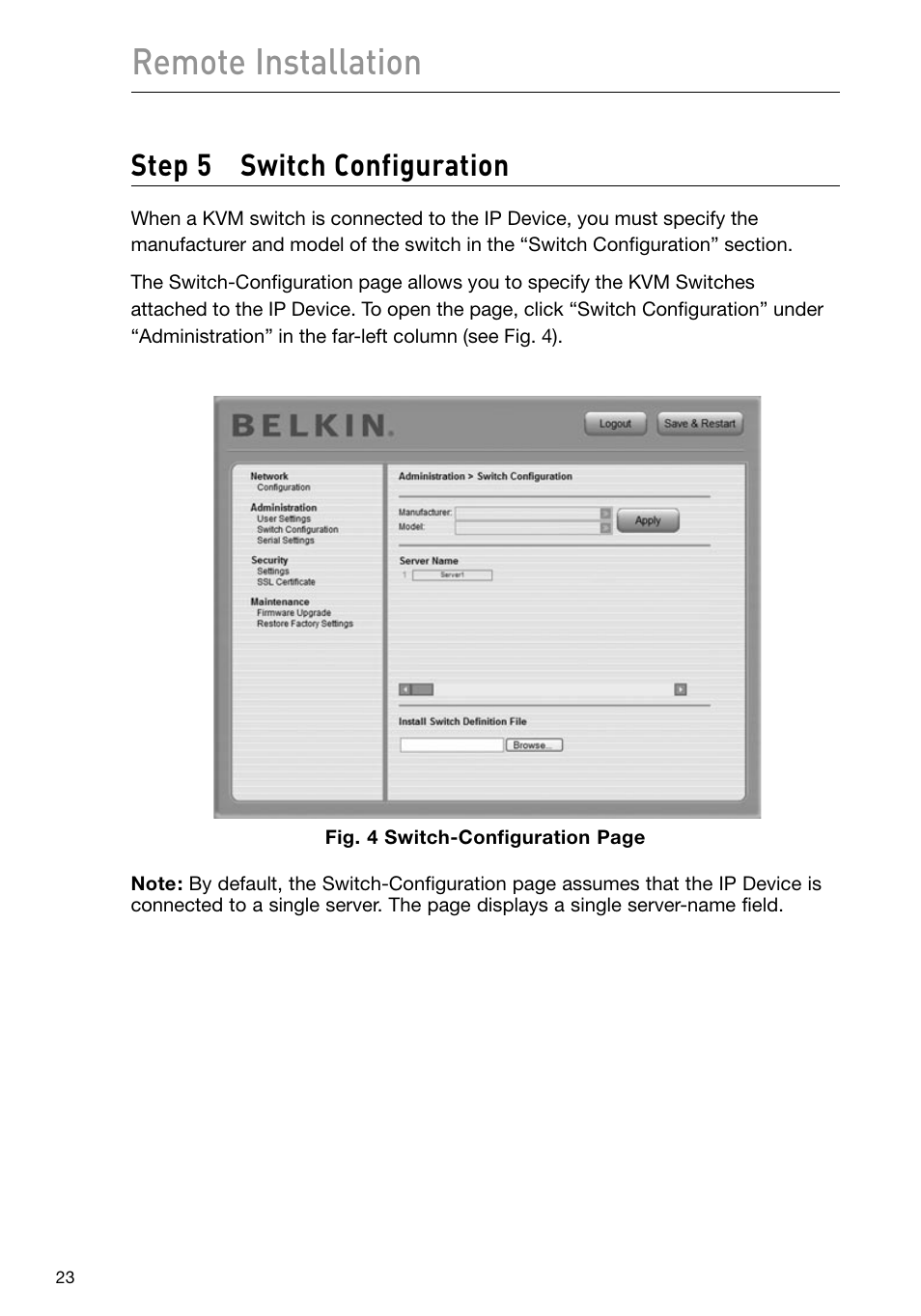 Remote installation, Step 5 switch configuration | Belkin F1DP101M User Manual | Page 26 / 56