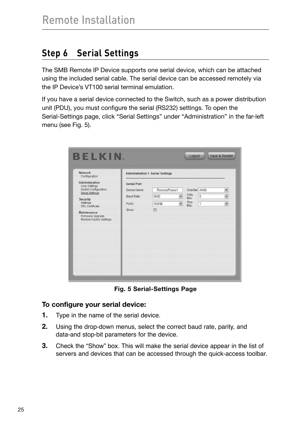 Remote installation, Step 6 serial settings | Belkin F1DP101M User Manual | Page 28 / 56