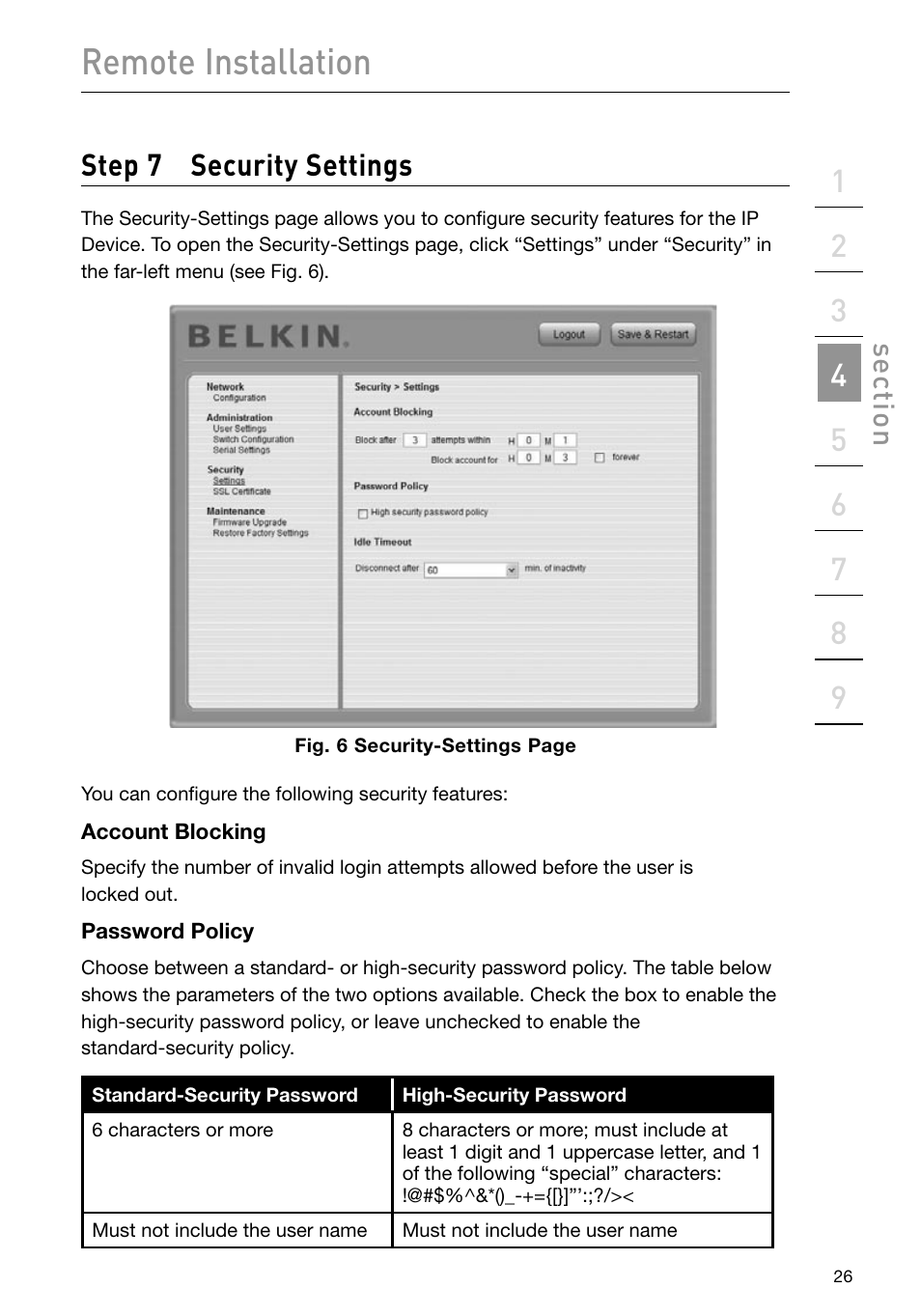 Remote installation, Step 7 security settings, Se ct io n | Belkin F1DP101M User Manual | Page 29 / 56