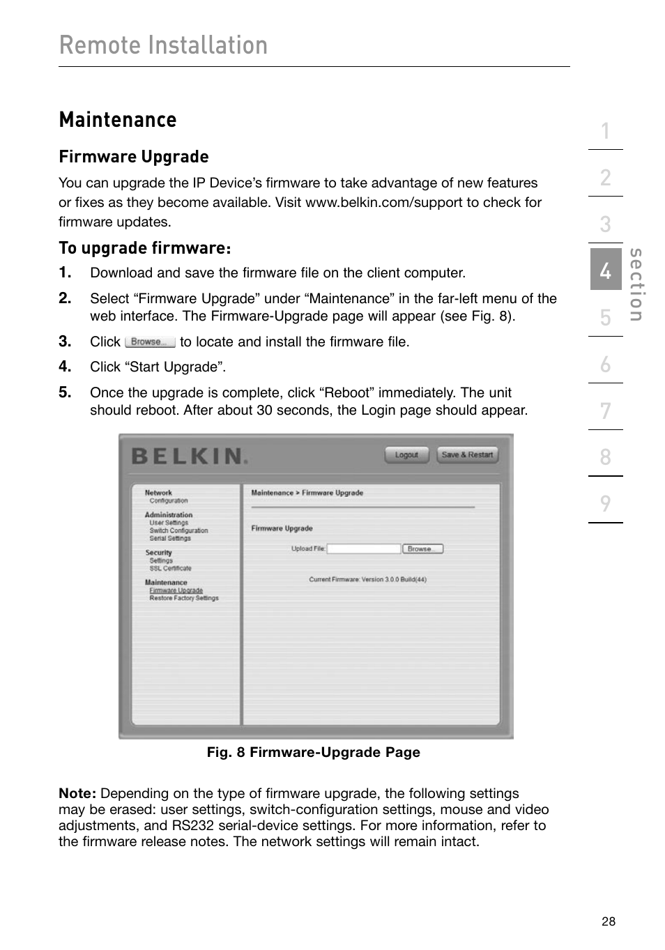 Remote installation, Maintenance, Se ct io n | Belkin F1DP101M User Manual | Page 31 / 56