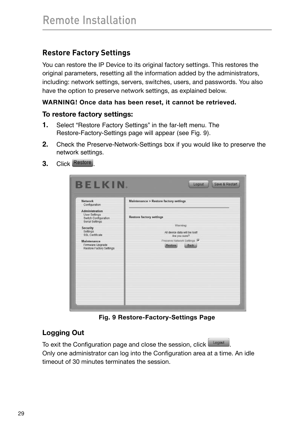 Remote installation, Restore factory settings | Belkin F1DP101M User Manual | Page 32 / 56