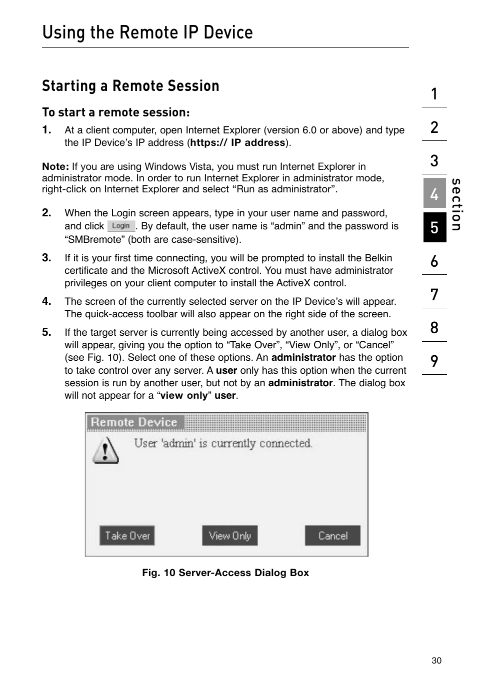 Using the remote ip device, Starting a remote session, Se ct io n | Belkin F1DP101M User Manual | Page 33 / 56