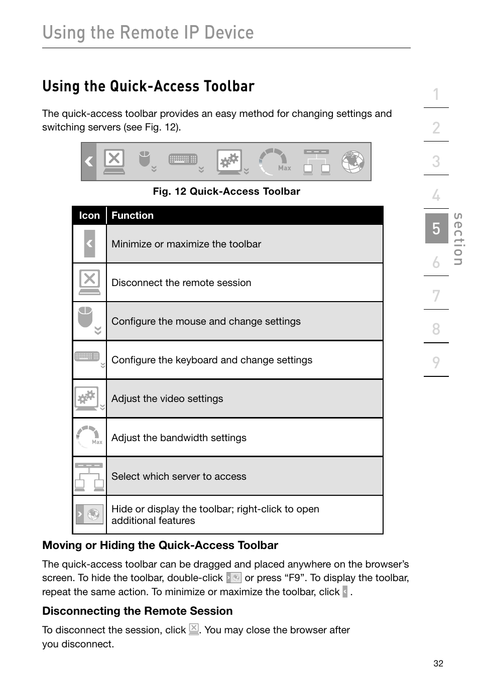 Using the remote ip device, Using the quick-access toolbar, Se ct io n | Belkin F1DP101M User Manual | Page 35 / 56