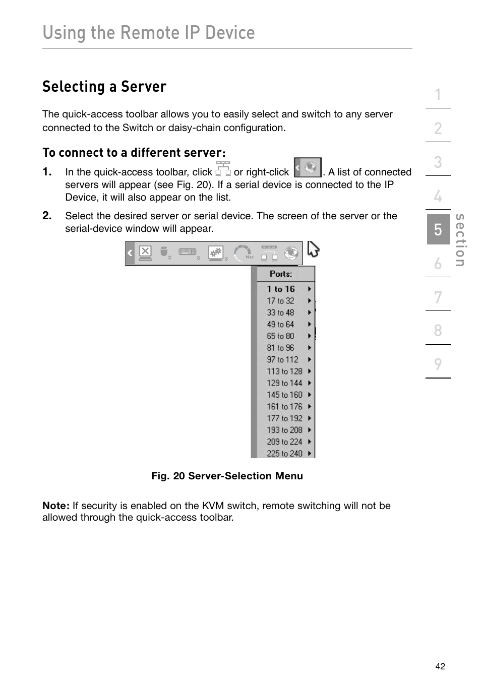 Using the remote ip device, Selecting a server, Se ct io n | Belkin F1DP101M User Manual | Page 45 / 56