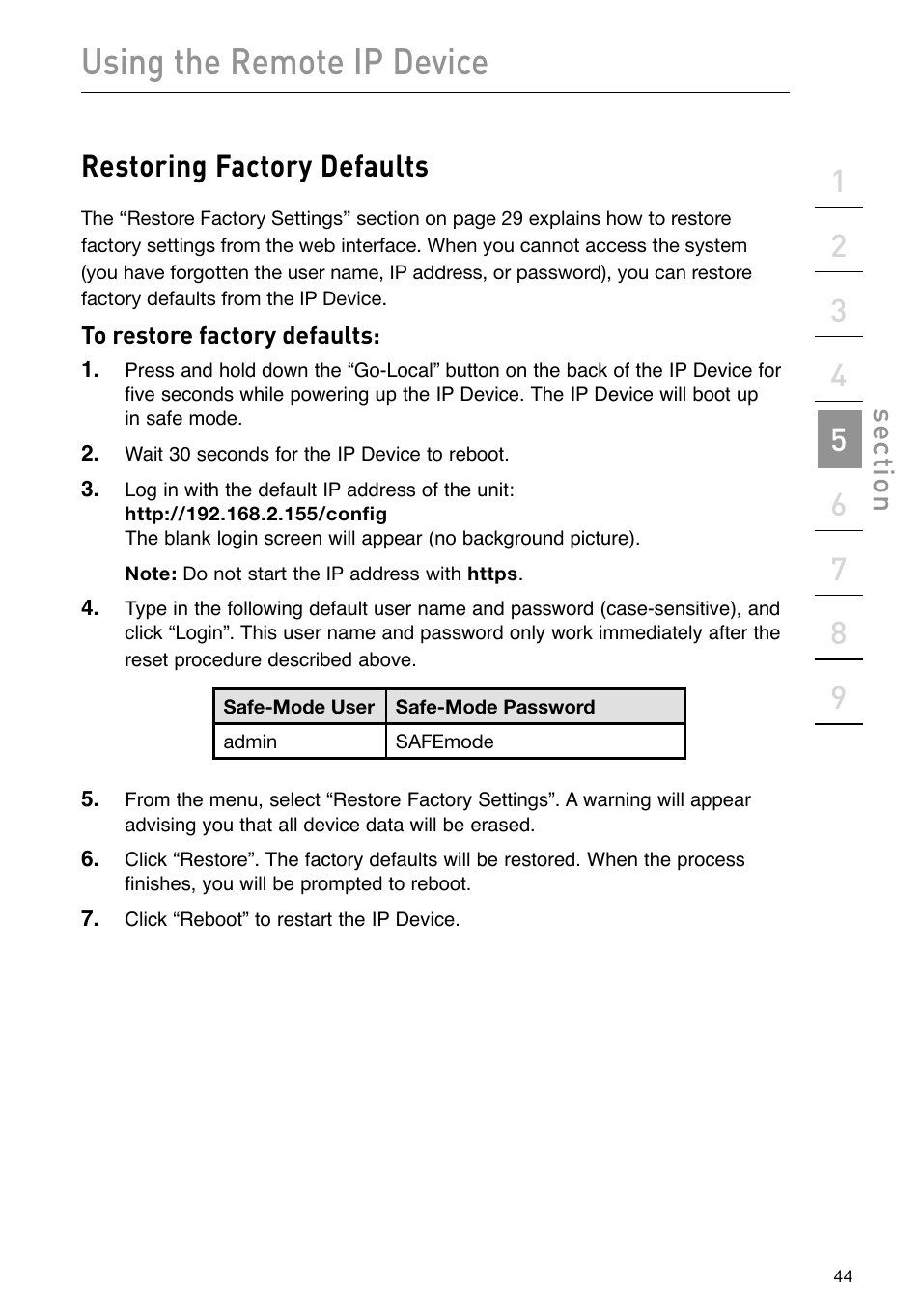 Using the remote ip device, Restoring factory defaults, Se ct io n | Belkin F1DP101M User Manual | Page 47 / 56