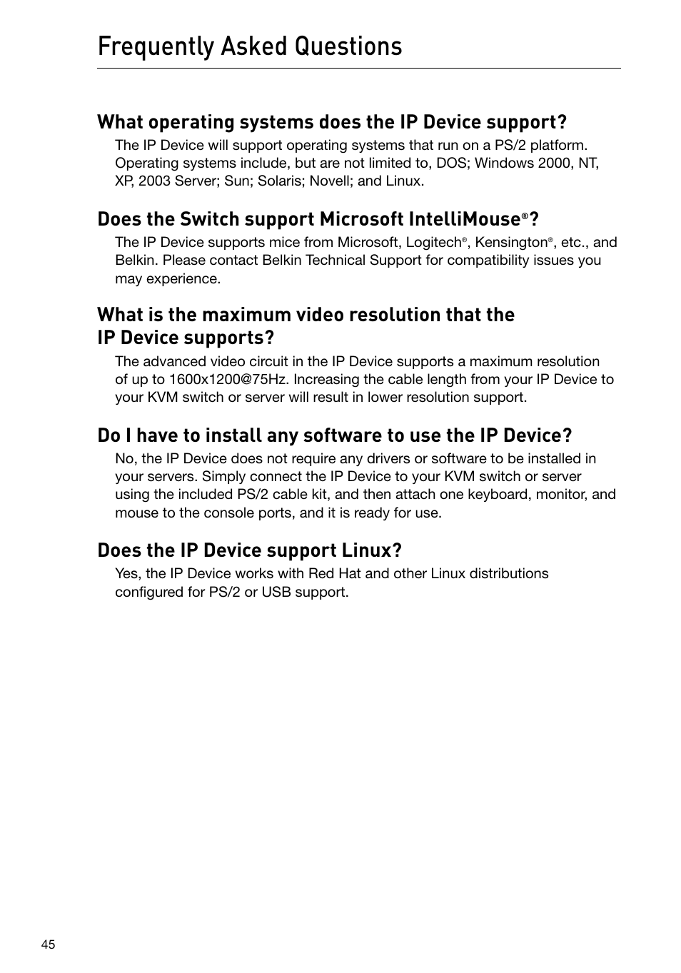 Frequently asked questions, What operating systems does the ip device support, Does the switch support microsoft intellimouse | Does the ip device support linux | Belkin F1DP101M User Manual | Page 48 / 56