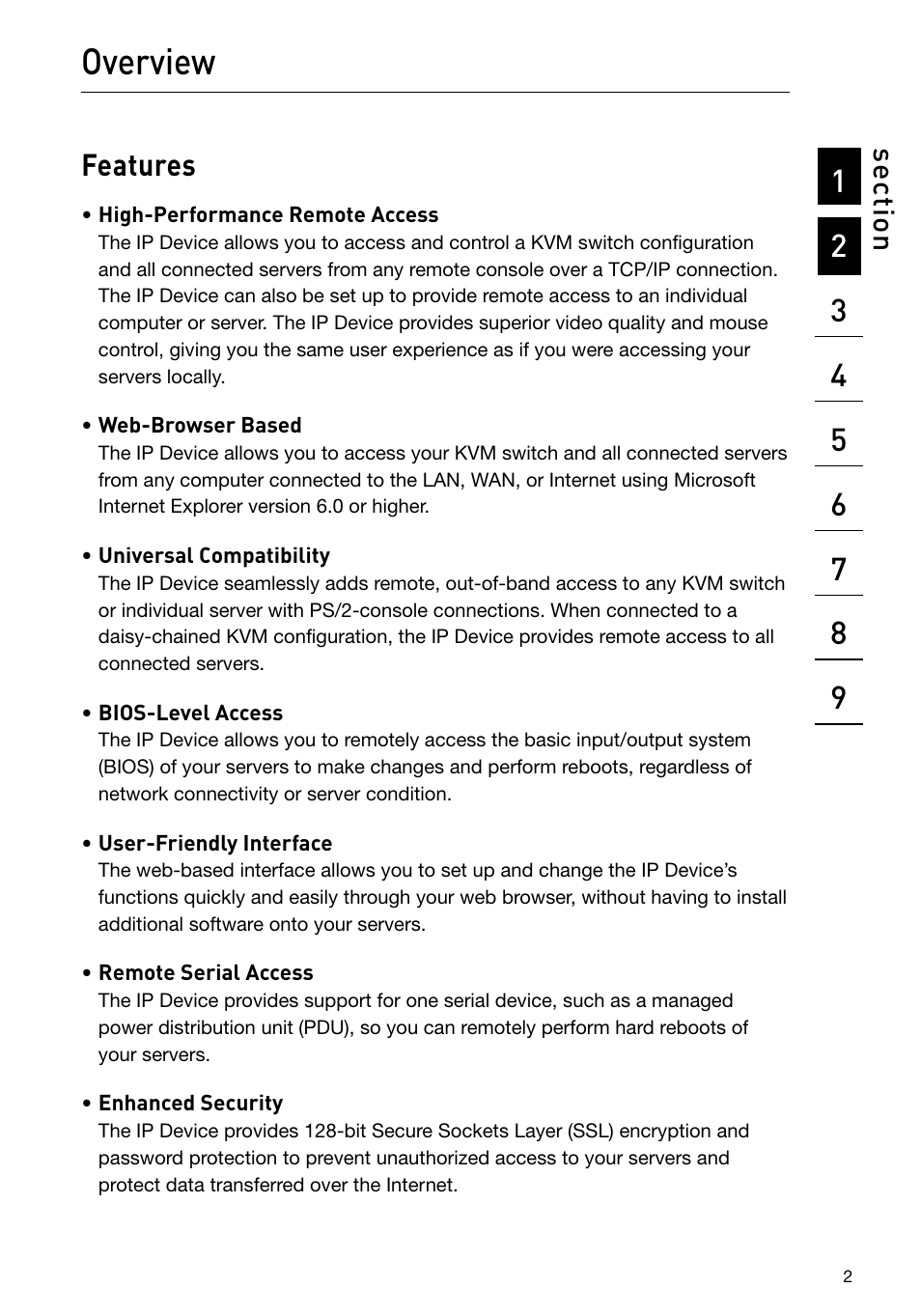 Overview, Features, Se ct io n | Belkin F1DP101M User Manual | Page 5 / 56