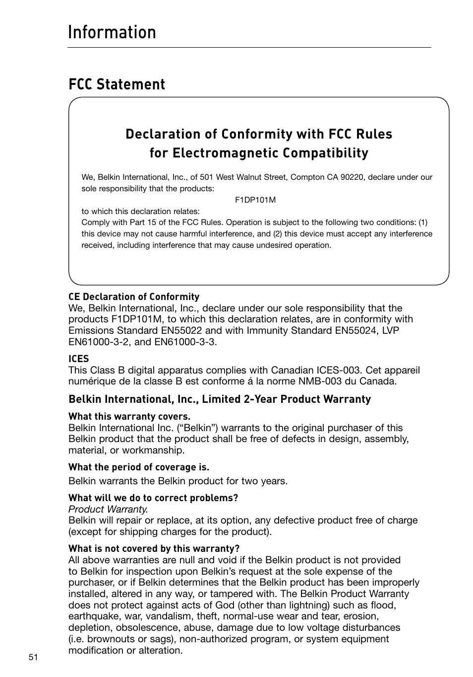 Information, Fcc statement | Belkin F1DP101M User Manual | Page 54 / 56