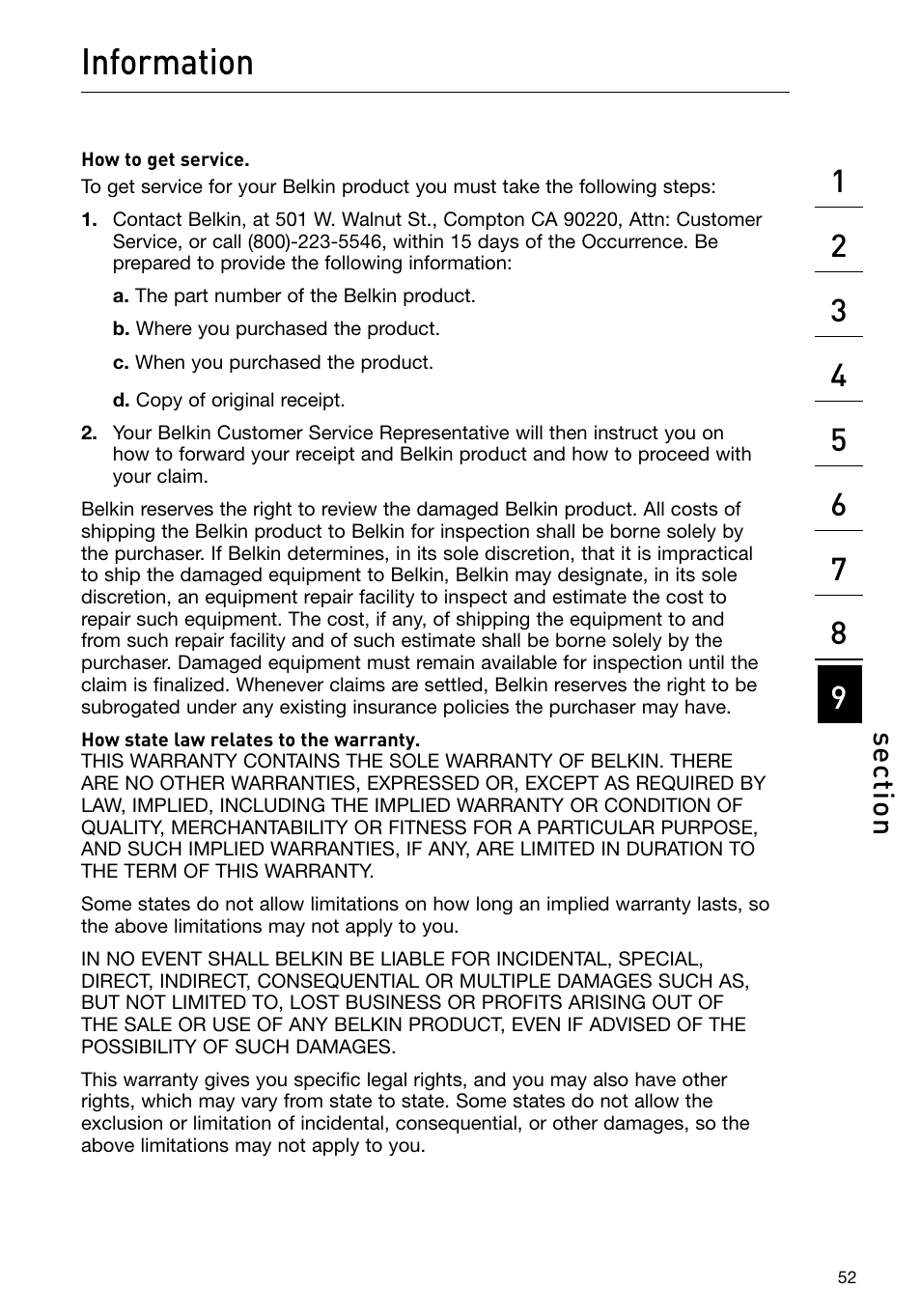 Information, Se ct io n | Belkin F1DP101M User Manual | Page 55 / 56