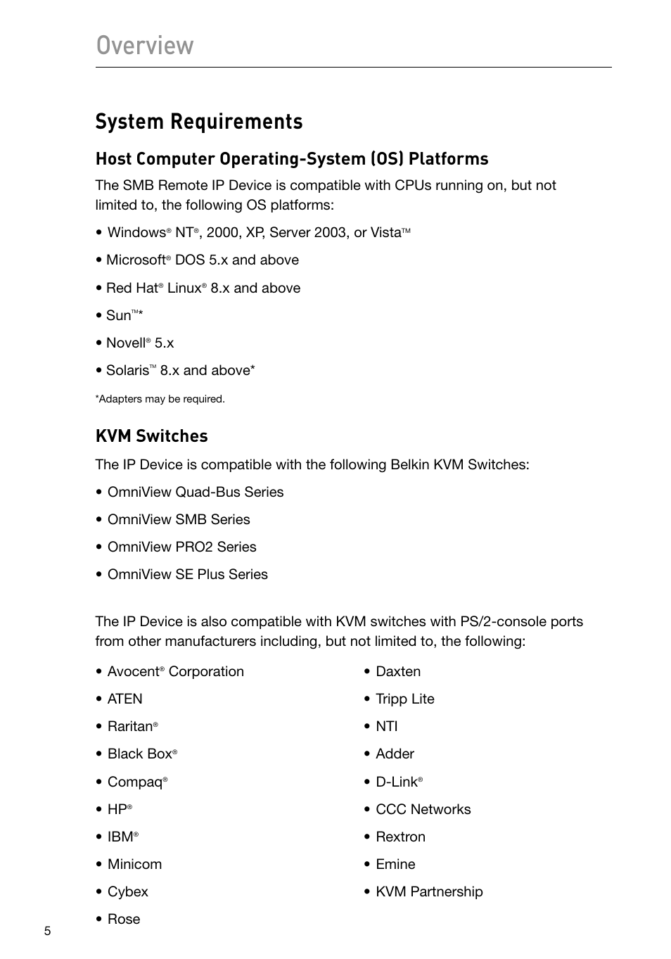 Overview, System requirements, Host computer operating-system (os) platforms | Kvm switches | Belkin F1DP101M User Manual | Page 8 / 56