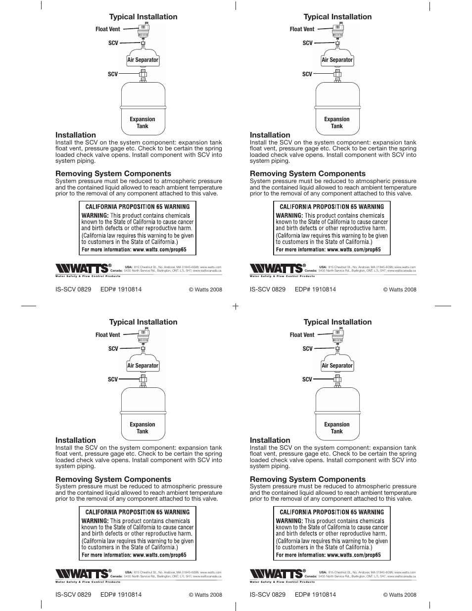 Typical installation, Installation, Removing system components | Watts SCV User Manual | Page 2 / 2