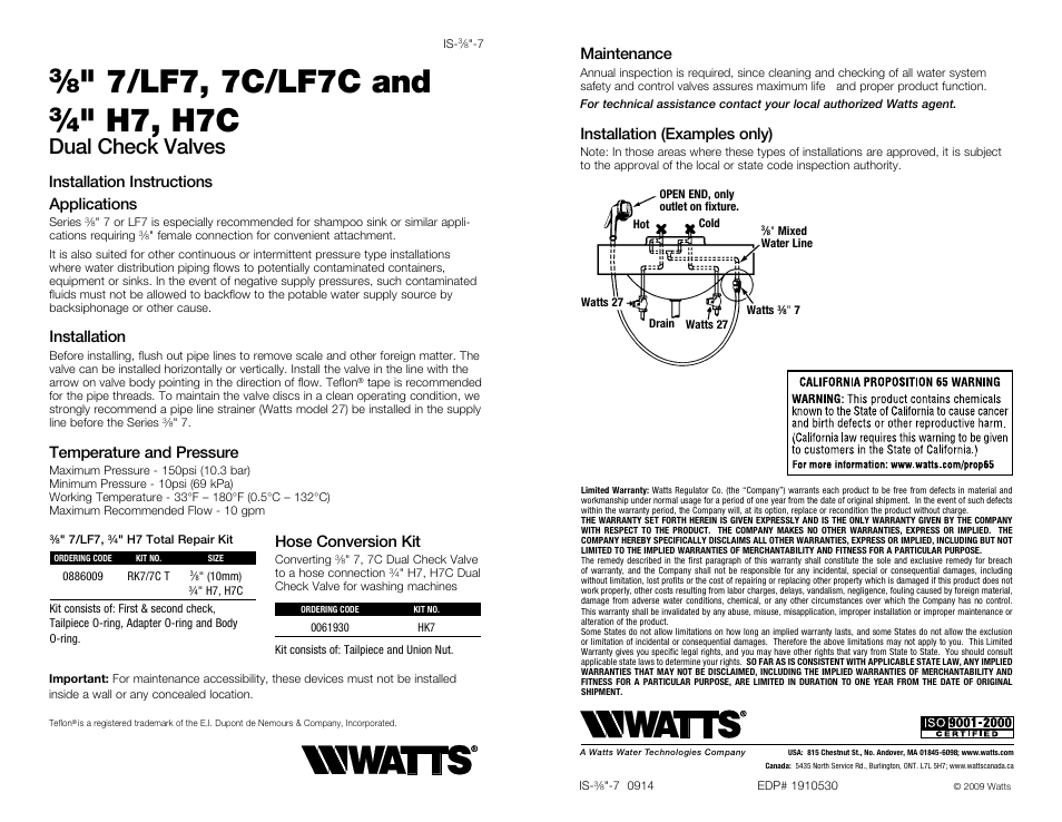 Watts LFH7C User Manual | 2 pages