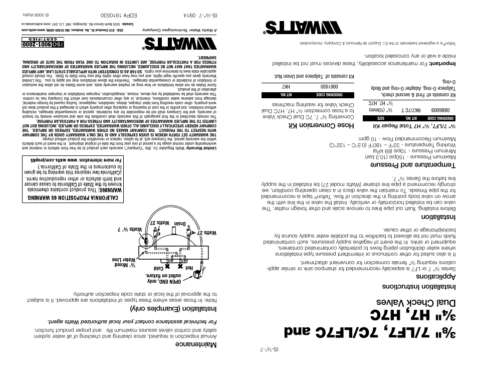 7/lf7, 7c/lf7c and, H7, h7c, Dual check valves | Maintenance, Installation (examples only), Applications, Installation, Temperature and pressure, Hose conversion kit, Installation instructions | Watts LFH7C User Manual | Page 2 / 2