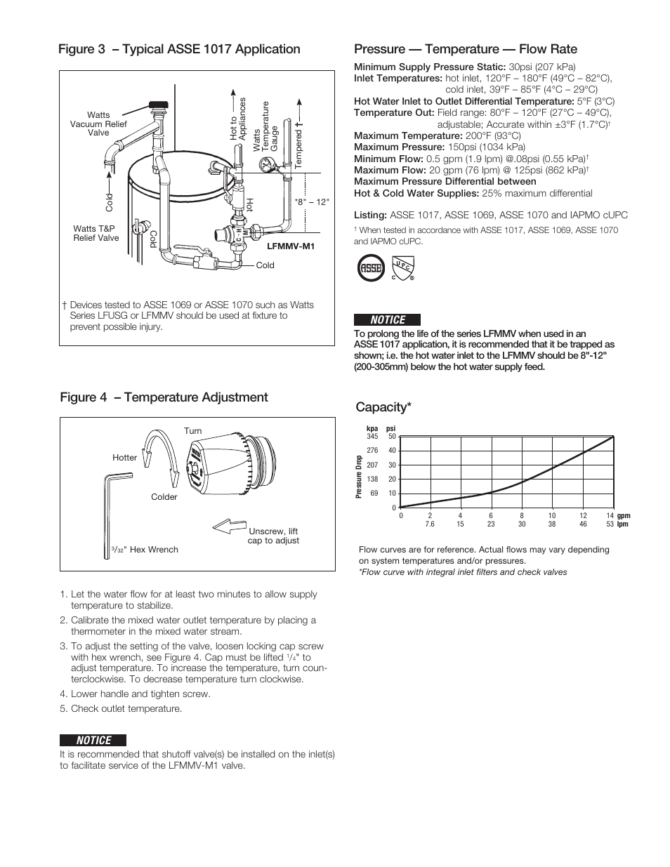 Pressure –– temperature –– flow rate, Capacity, Figure 4 – temperature adjustment | Notice | Watts LFMMV User Manual | Page 3 / 4