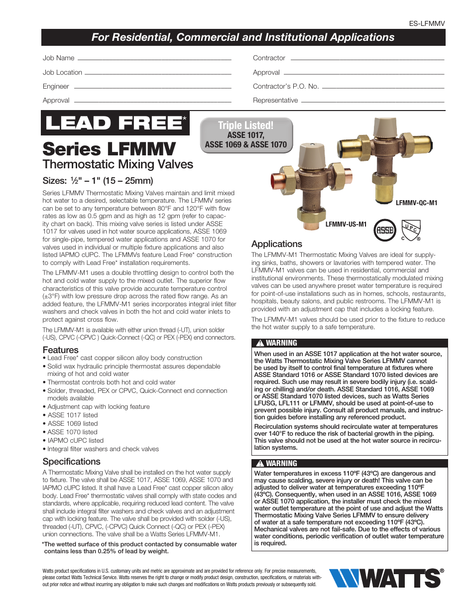 Watts LFMMV User Manual | 2 pages