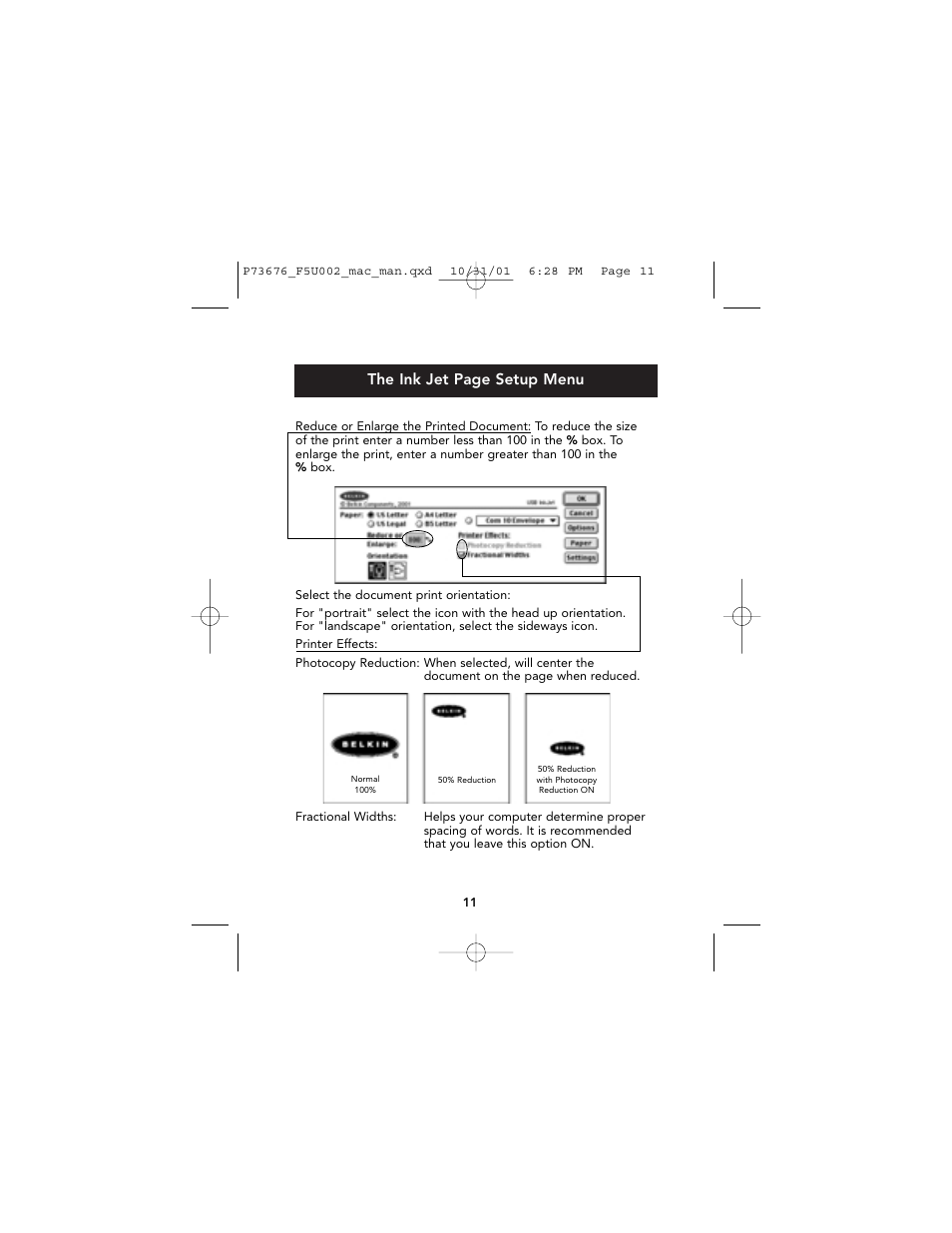 The ink jet page setup menu | Belkin USB Parallel Printer Adapter for Mac F5U002-MAC User Manual | Page 13 / 24
