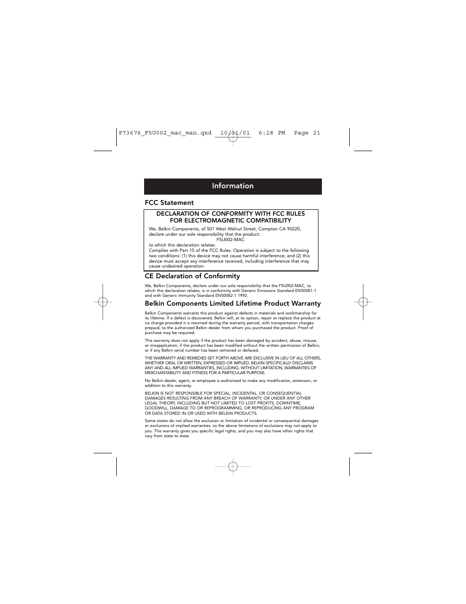 Information, Fcc statement, Ce declaration of conformity | Belkin USB Parallel Printer Adapter for Mac F5U002-MAC User Manual | Page 23 / 24