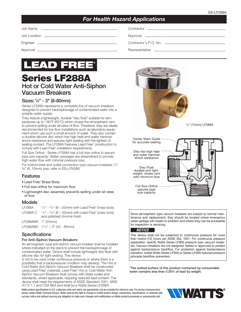 Watts LF288A User Manual | 2 pages