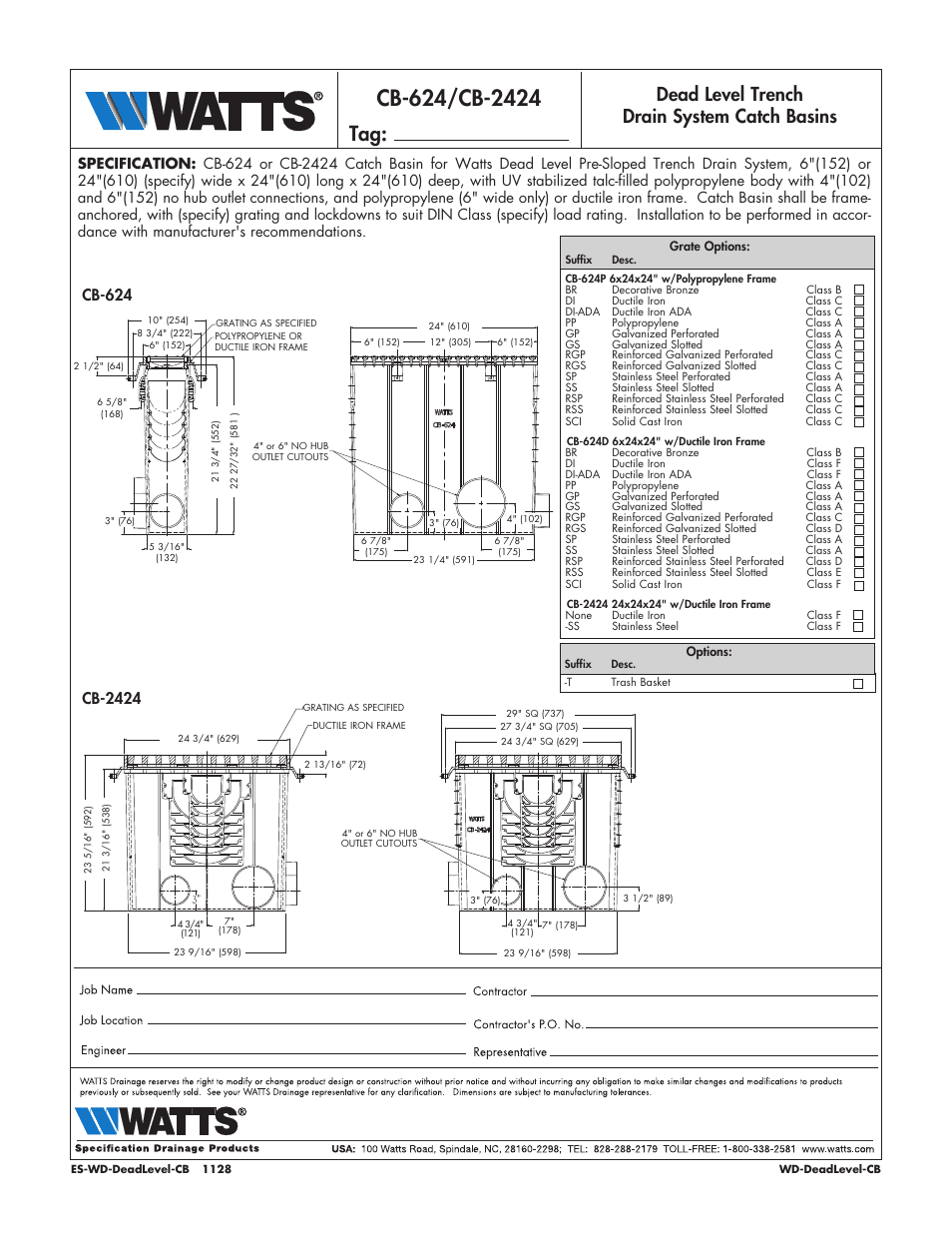 Watts Dead Level Catch Basins User Manual | 1 page