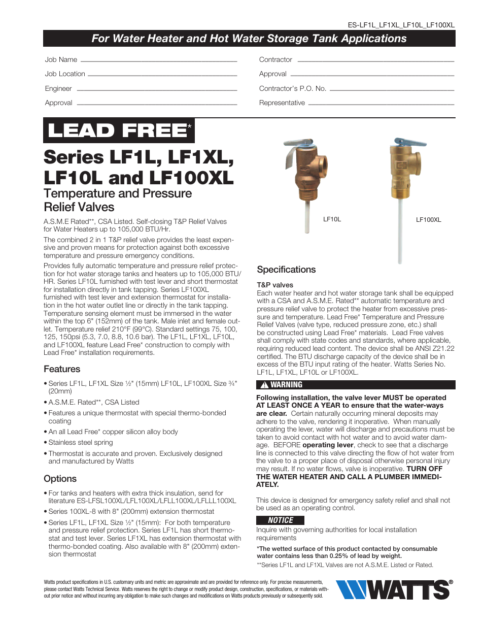 Watts LF1XL User Manual | 2 pages