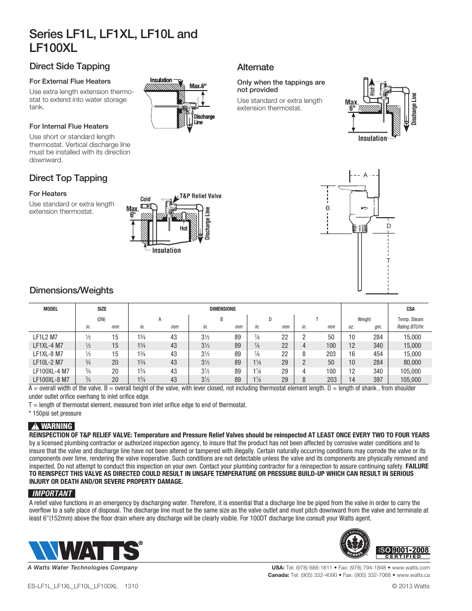 Dimensions/weights, Direct side tapping, Direct top tapping | Alternate, Warning, Important | Watts LF1XL User Manual | Page 2 / 2