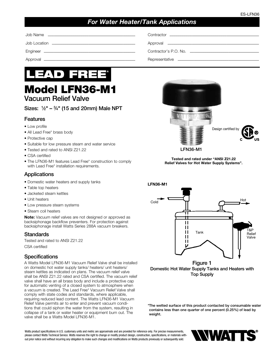 Watts LFN36 User Manual | 2 pages