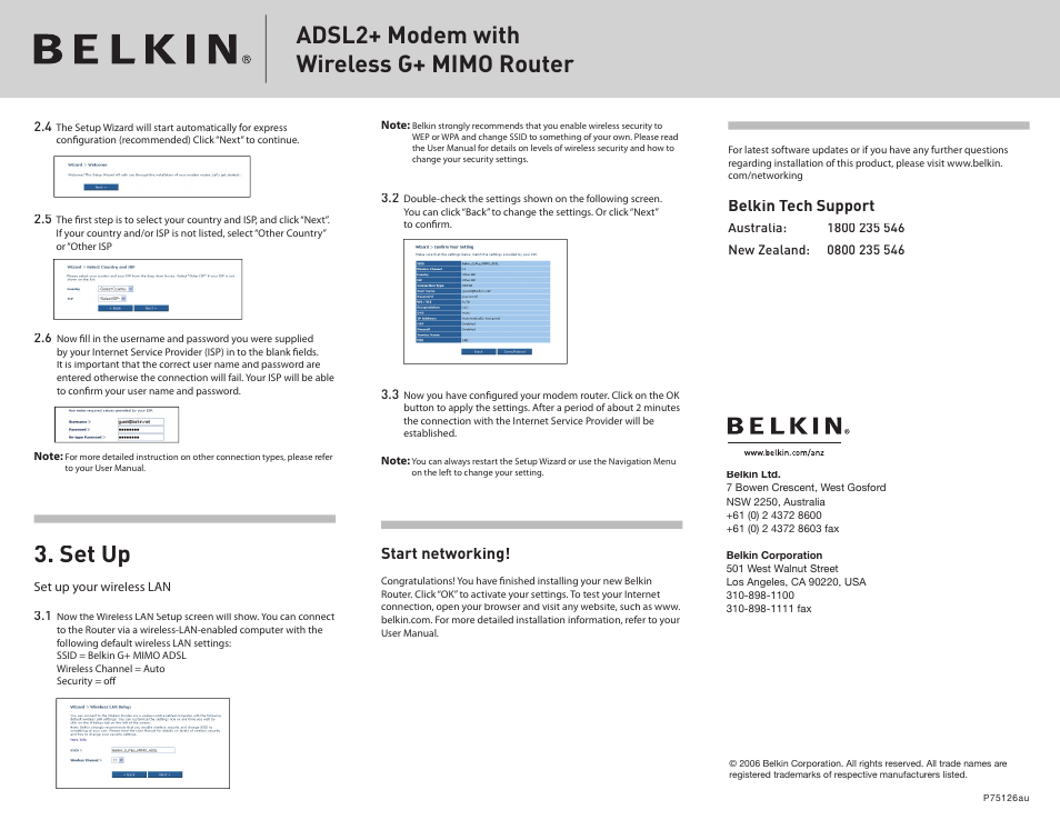 Set up, Adsl2+ modem with wireless g+ mimo router | Belkin F5D9630-4A User Manual | Page 2 / 2