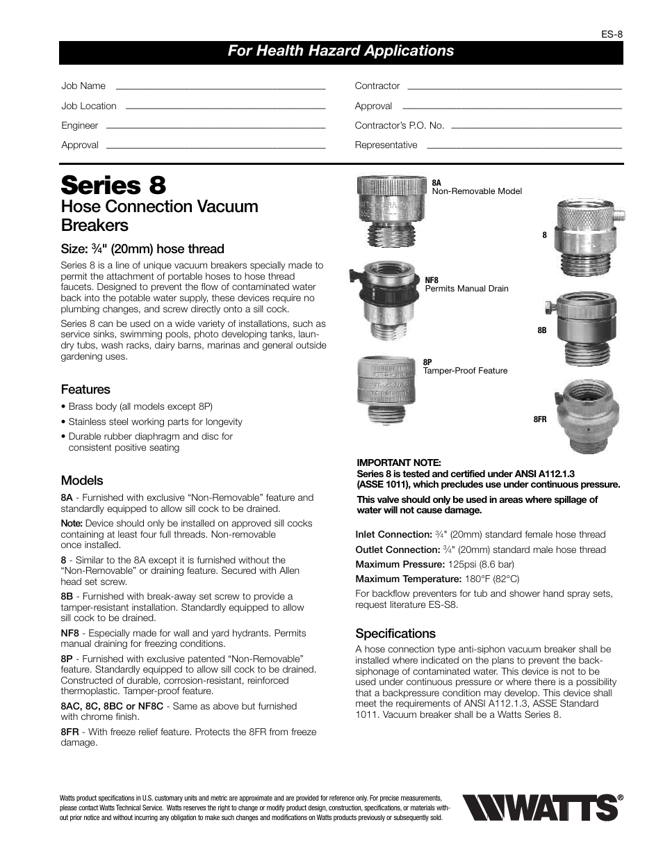 Watts NF8 User Manual | 2 pages