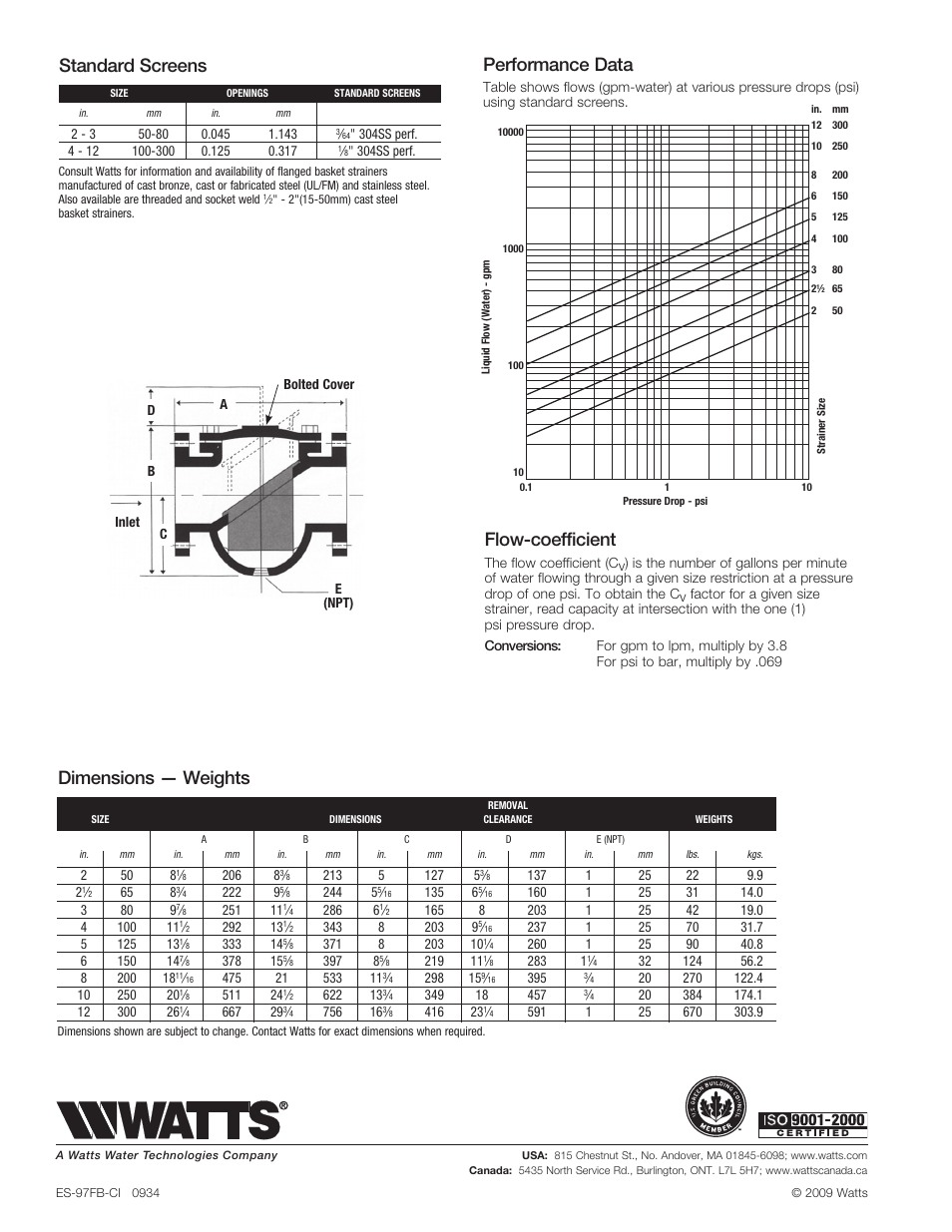 Flow-coefficient, Standard screens, Dimensions — weights | Performance data | Watts 97FB-CIB User Manual | Page 2 / 2