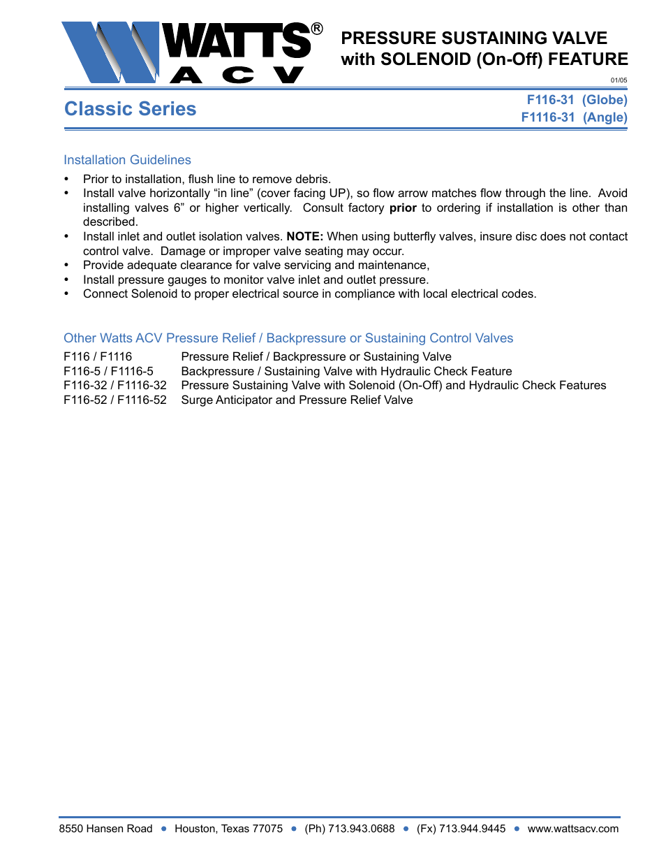 Classic series | Watts F1116-31 User Manual | Page 2 / 2