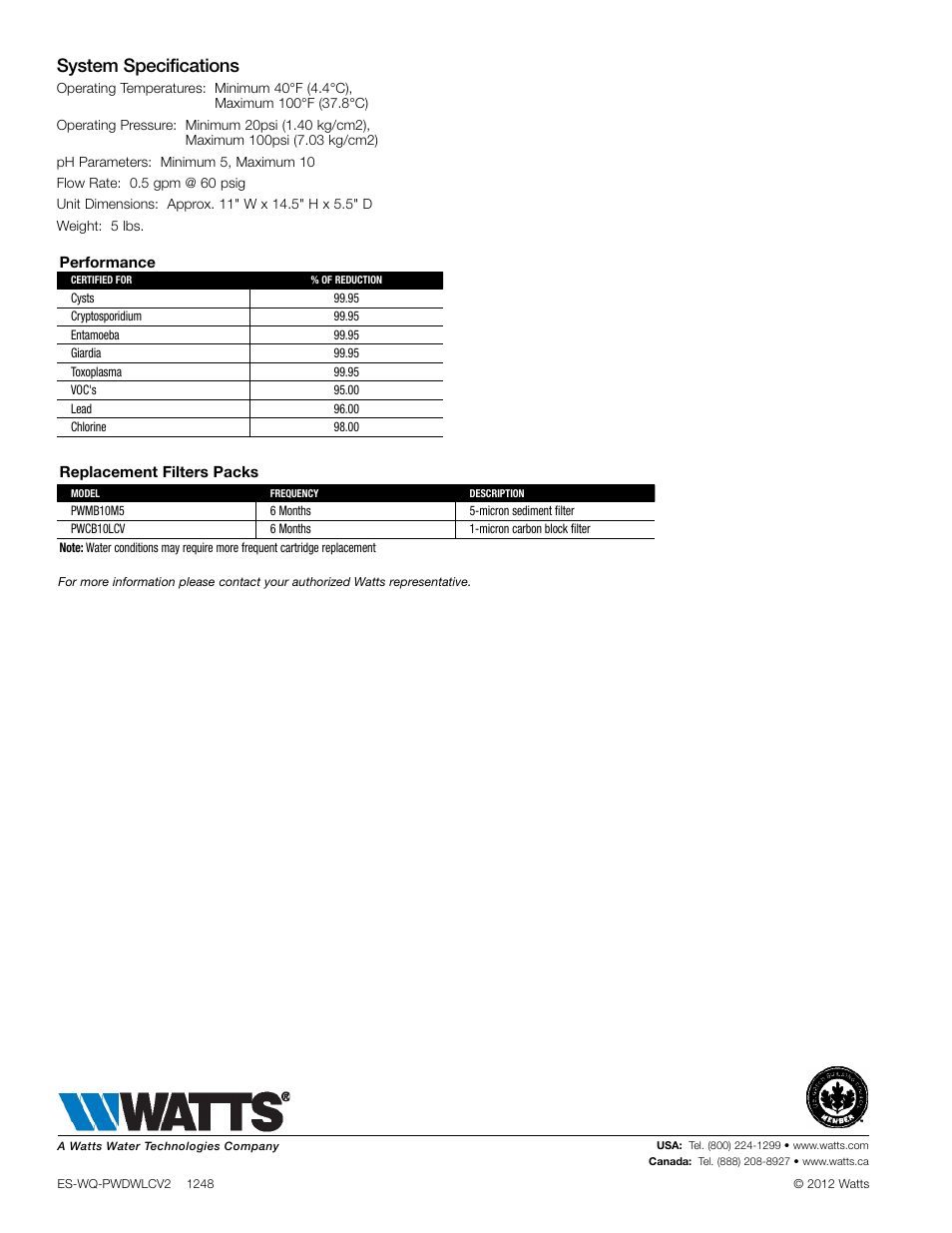 System specifications | Watts PWDWLCV2 User Manual | Page 2 / 2