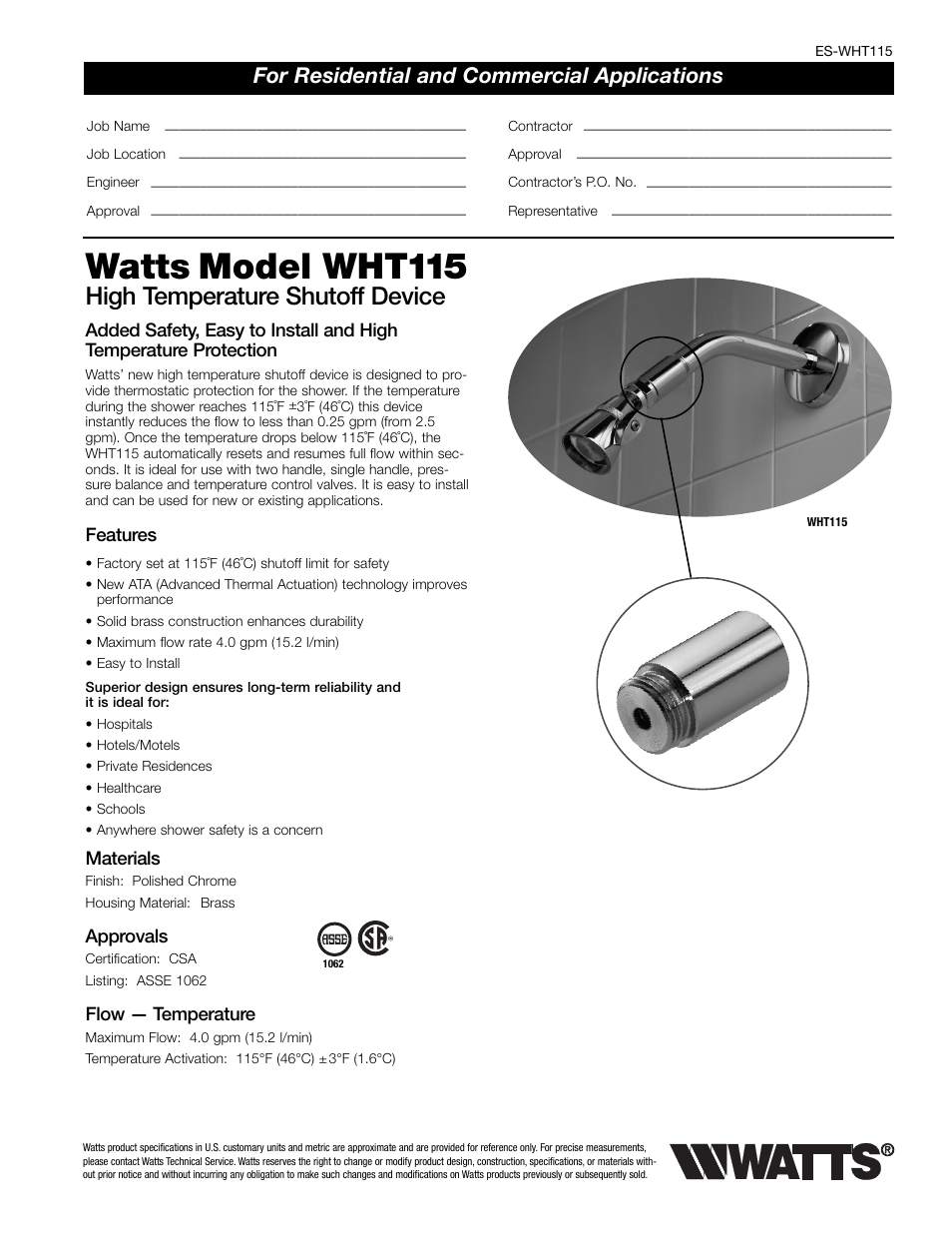 Watts WHT115 User Manual | 2 pages