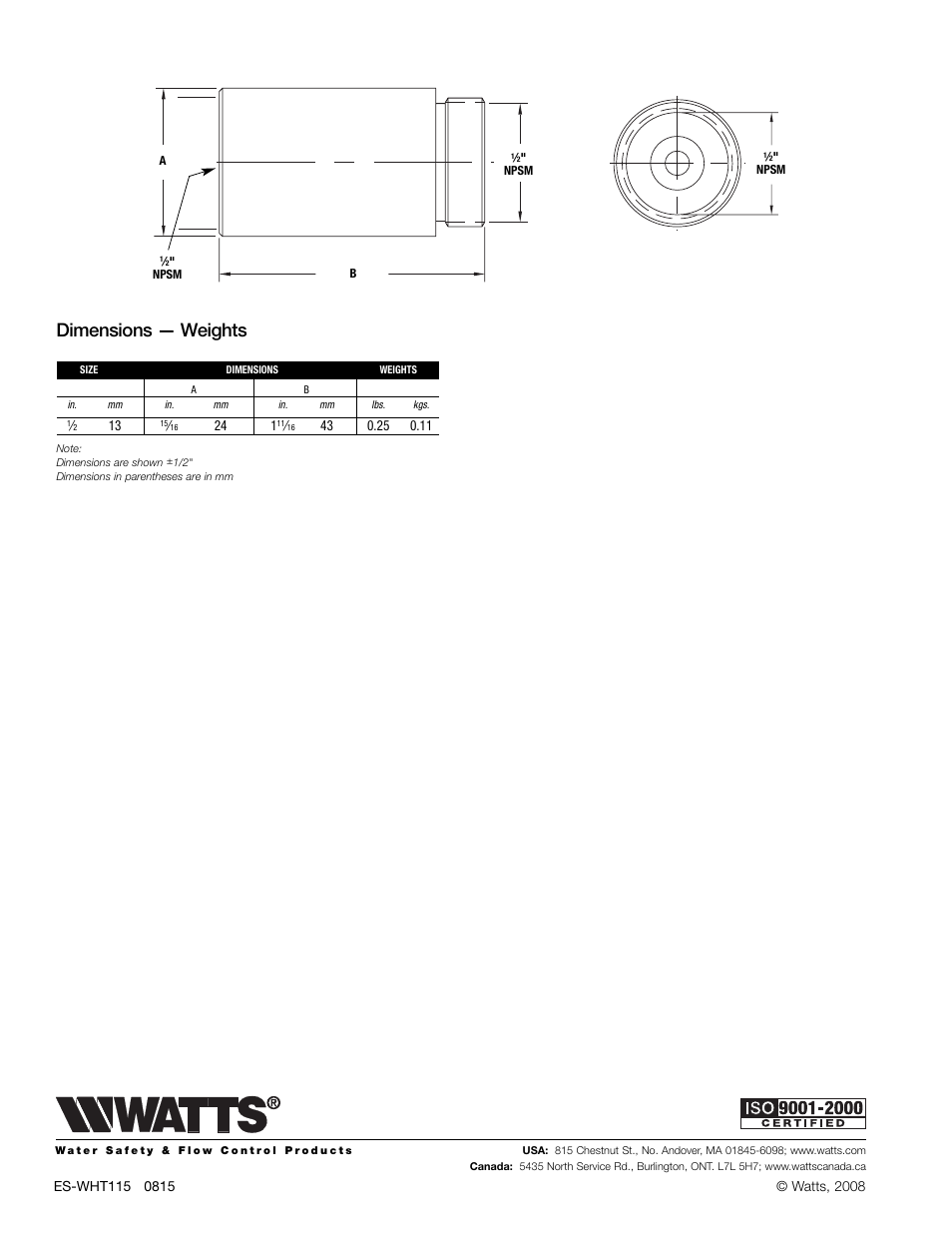 Dimensions — weights | Watts WHT115 User Manual | Page 2 / 2